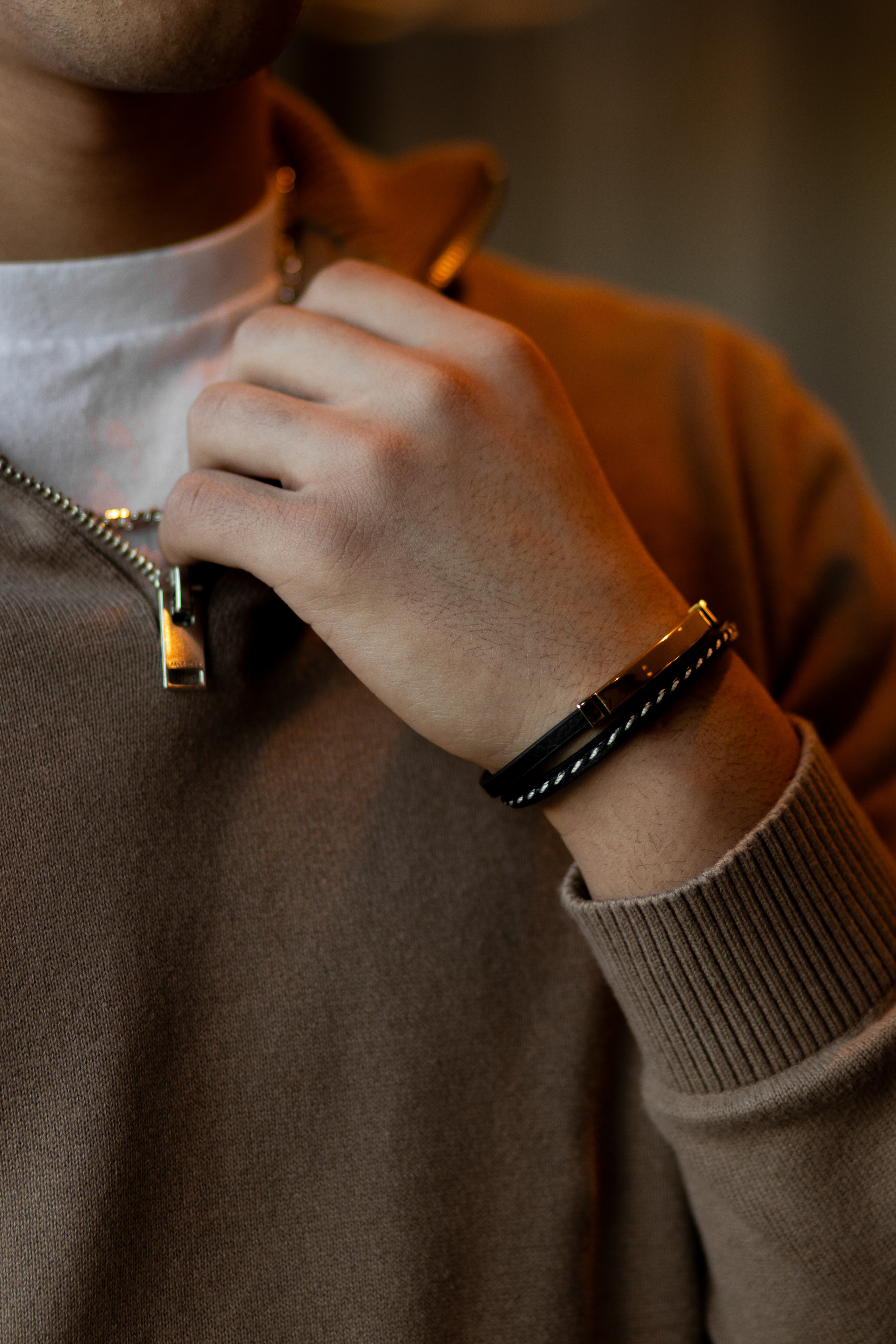 Men’s Black Leather Bracelet with Gold-Tone Stainless Steel Accents, 21 cm
