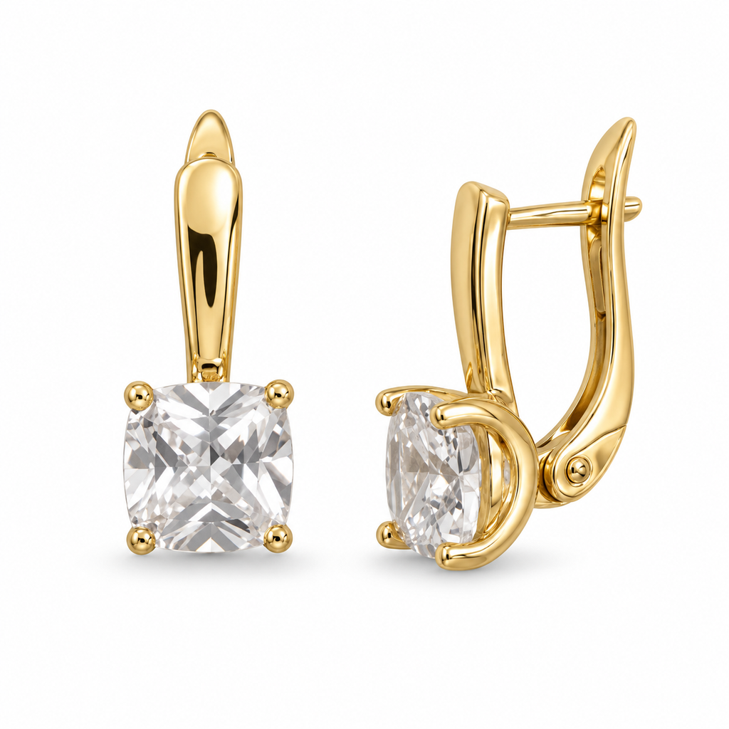 Cushion Cut CZ Leverback Earrings – Gold Plated, Four Colours