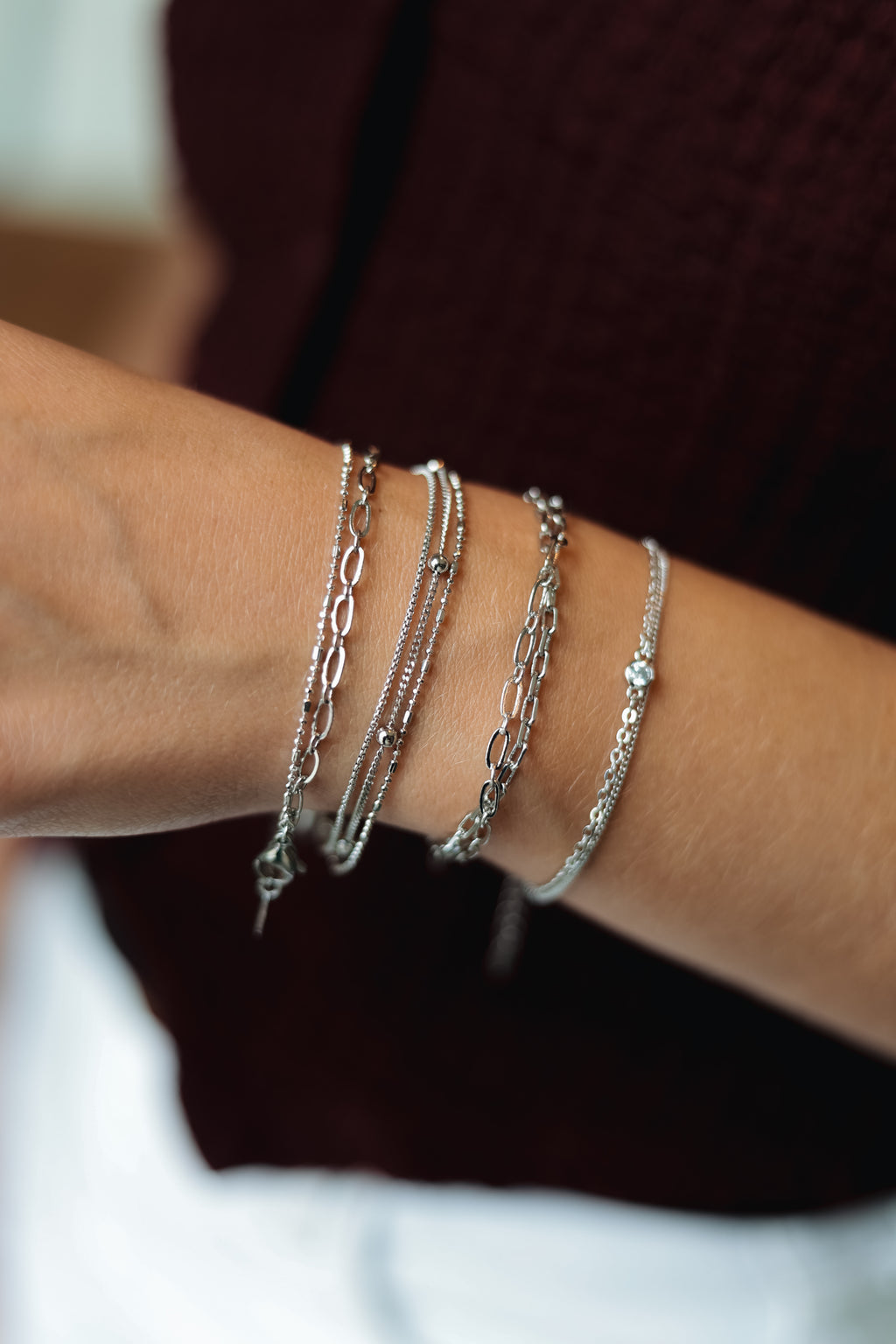 Layered Chain Bracelet – Rhodium Plated, Adjustable 17+3 cm