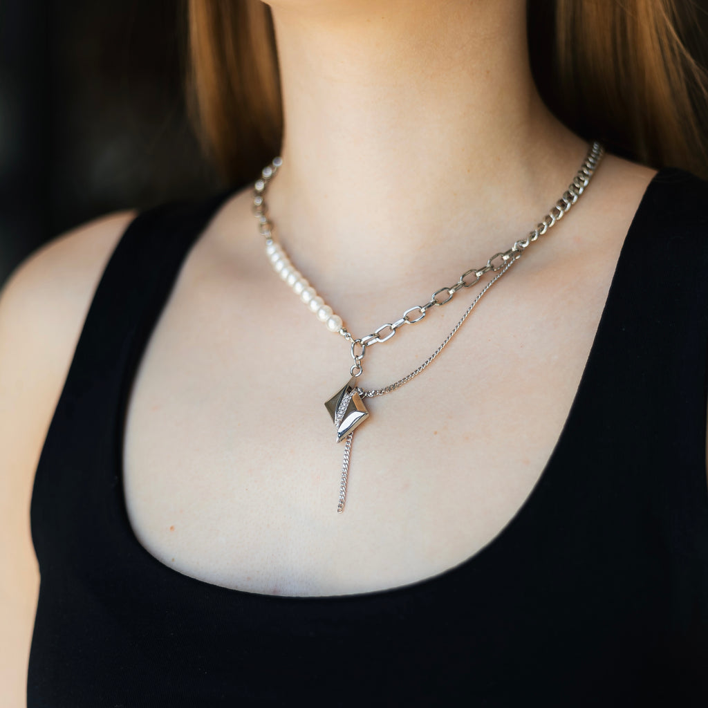 White Gold Plated Pearl Chain Necklace – Hypoallergenic Statement Necklace 45+5 cm / 17.7”+2”