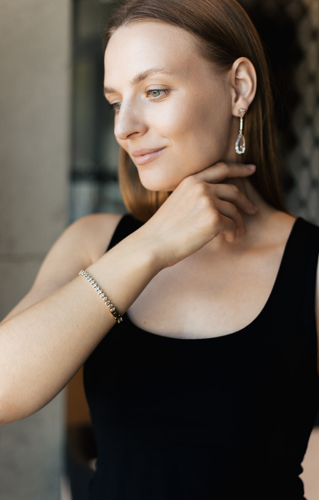 Gold Plated Drop Earrings with Large Crystal Stone – 4.8cm