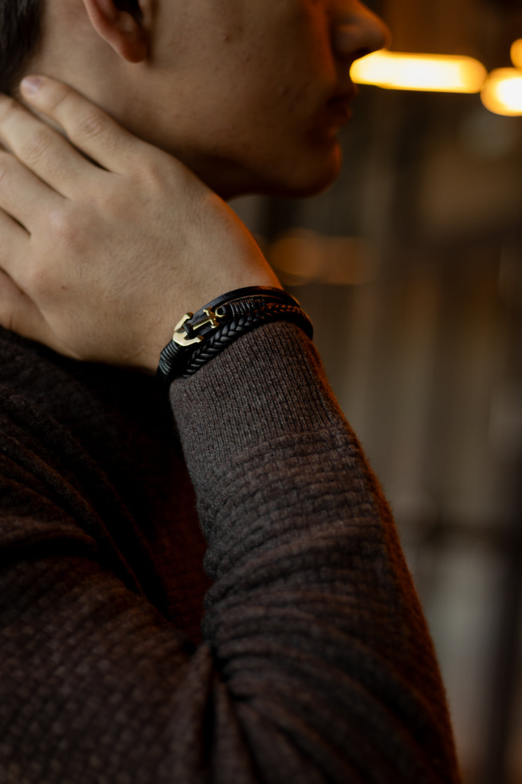 Men’s Leather Bracelet with Gold-Tone Stainless Steel Details