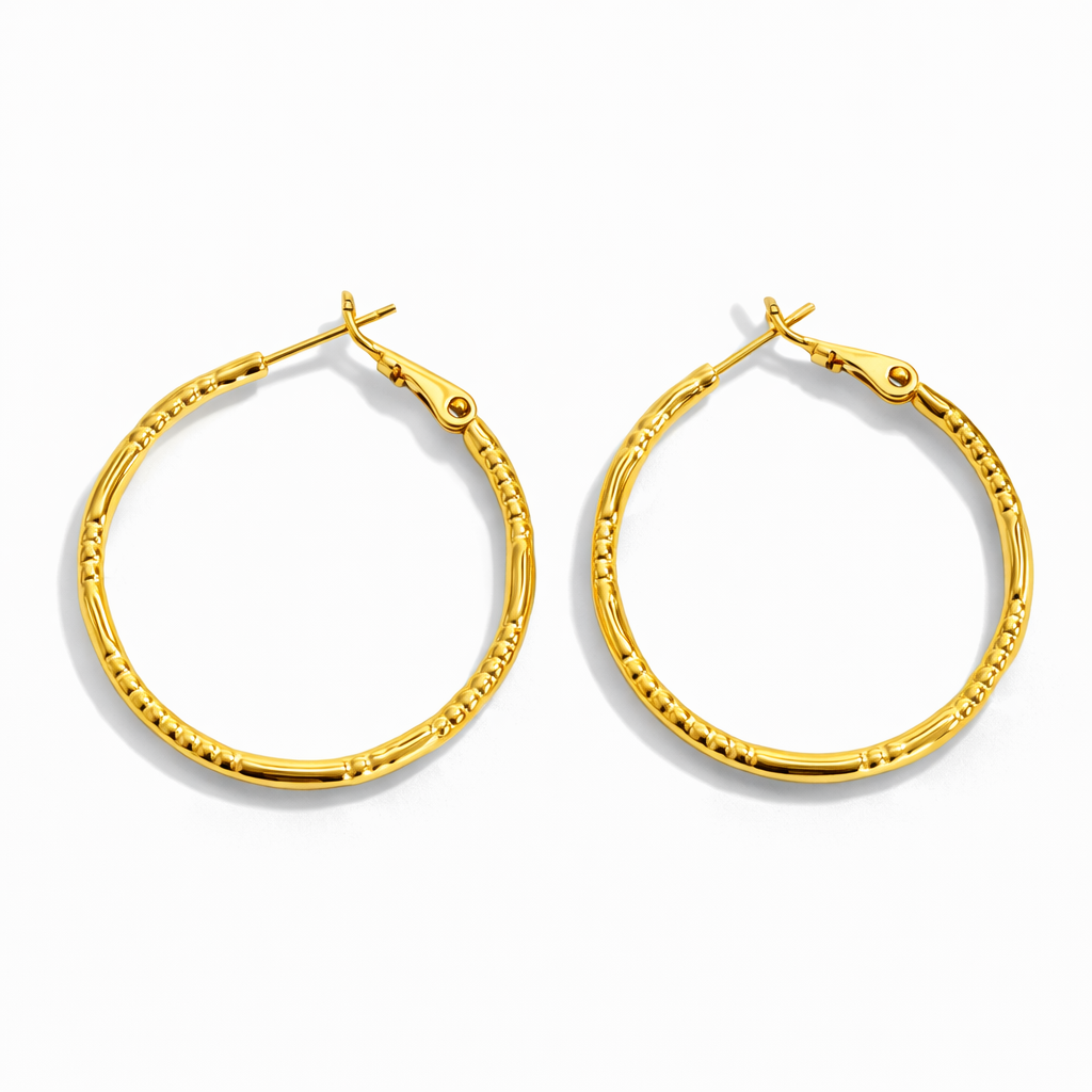 Gold Plated Hoop Earrings 3 cm, Textured Lightweight Hoops