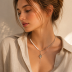 White Gold Plated Pearl Chain Necklace – Hypoallergenic Statement Necklace 45+5 cm / 17.7”+2”