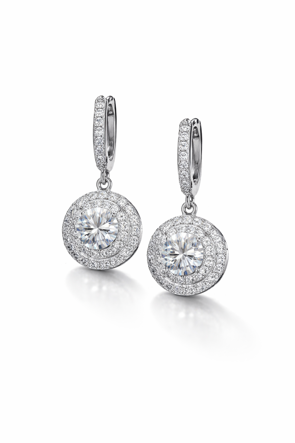 Silver Plated CZ Drop Hoop Earrings with Round Pendant, 2.7 cm