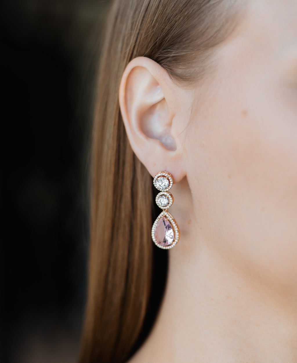 Gold Plated Drop Earrings with Pink Crystal & CZ – Dangle Design