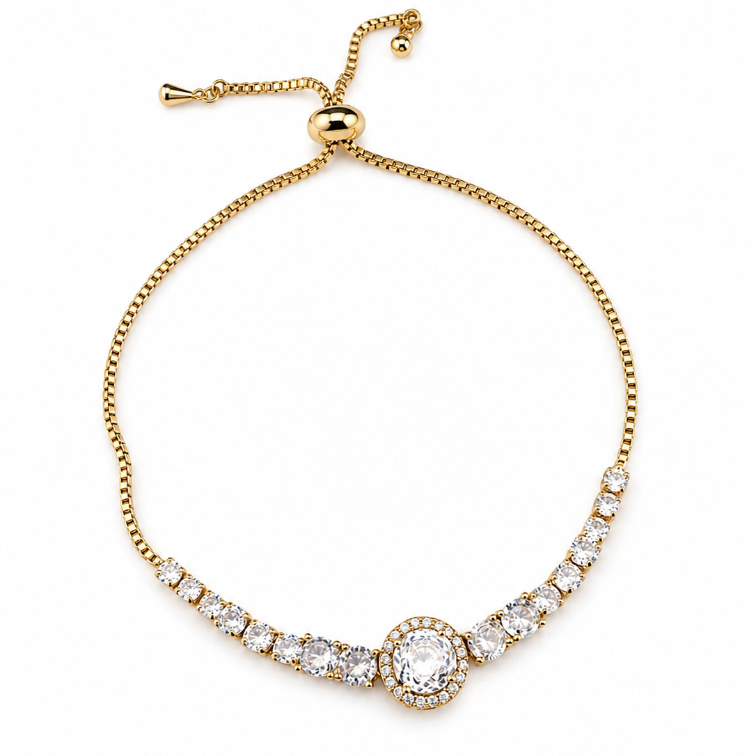 Gold Plated Adjustable Tennis Bracelet with Round CZ Stones – Slider Closure