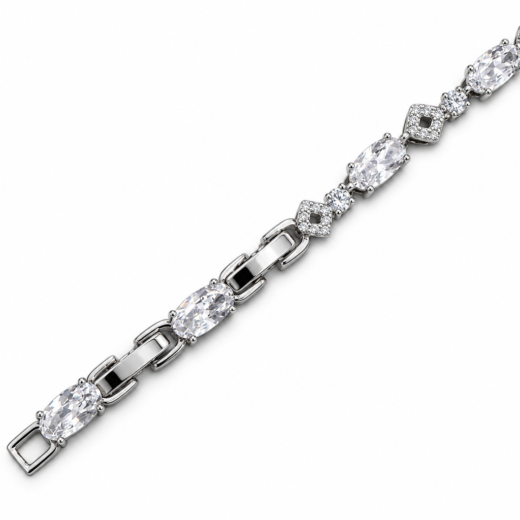 Oval CZ Geometric Link Bracelet – White Gold Plated Brass, 4 mm