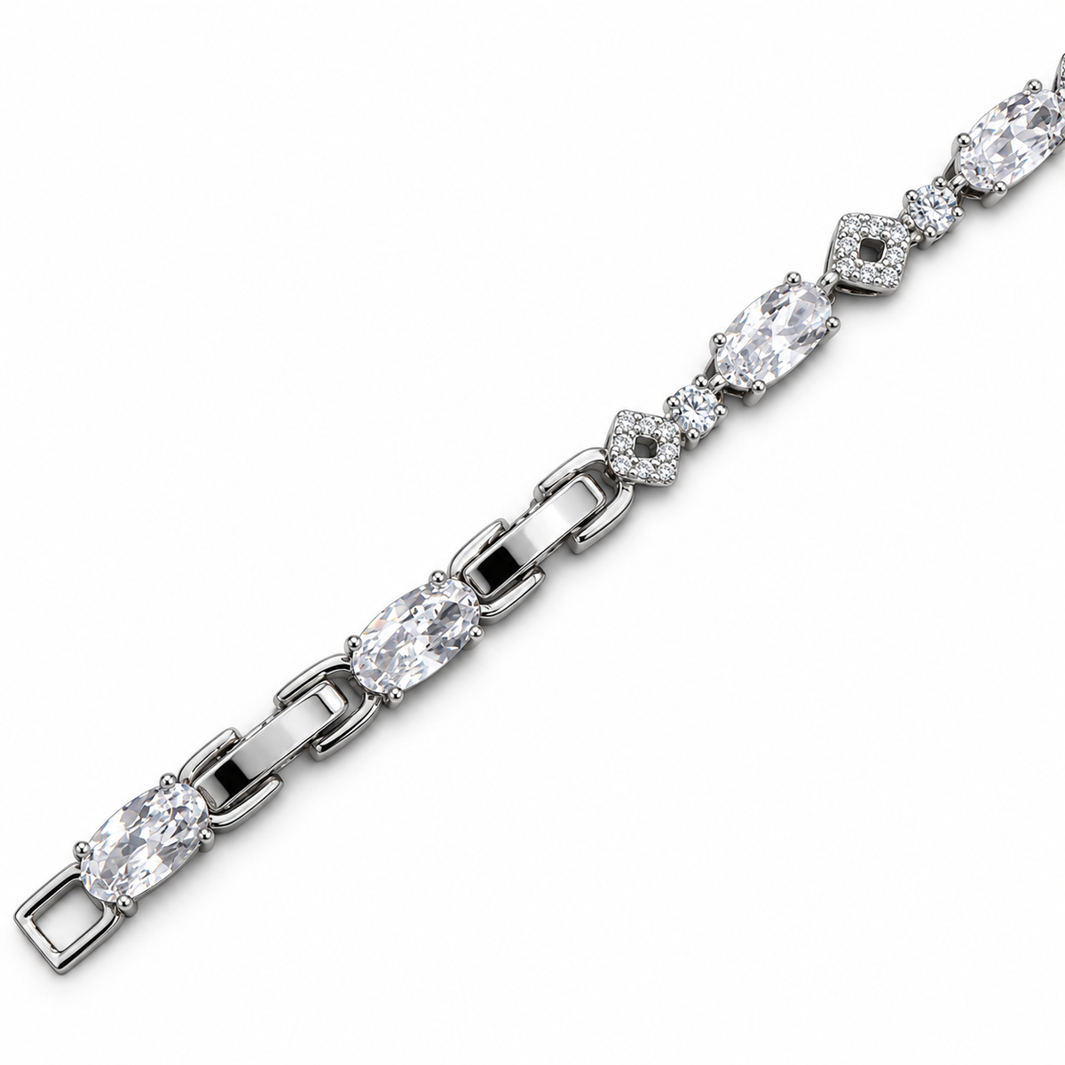 Oval CZ Geometric Link Bracelet – White Gold Plated Brass, 4 mm