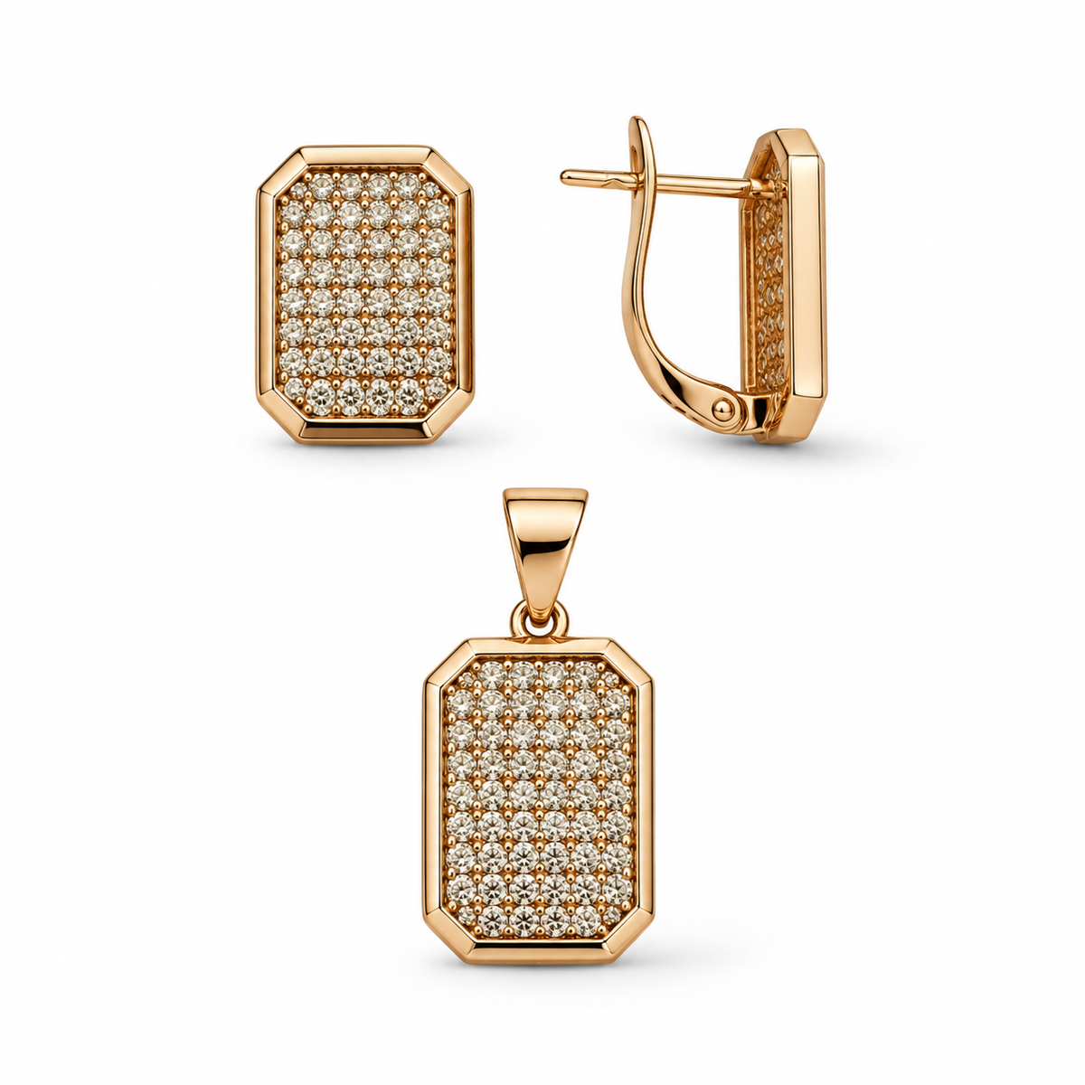 Rose Gold Plated Rectangular CZ Jewelry Set – Leverback Earrings & Pendant