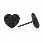 Black Heart Stud Earrings, 1cm (0.39”), Black Crystal Pave, Rhodium Plated
