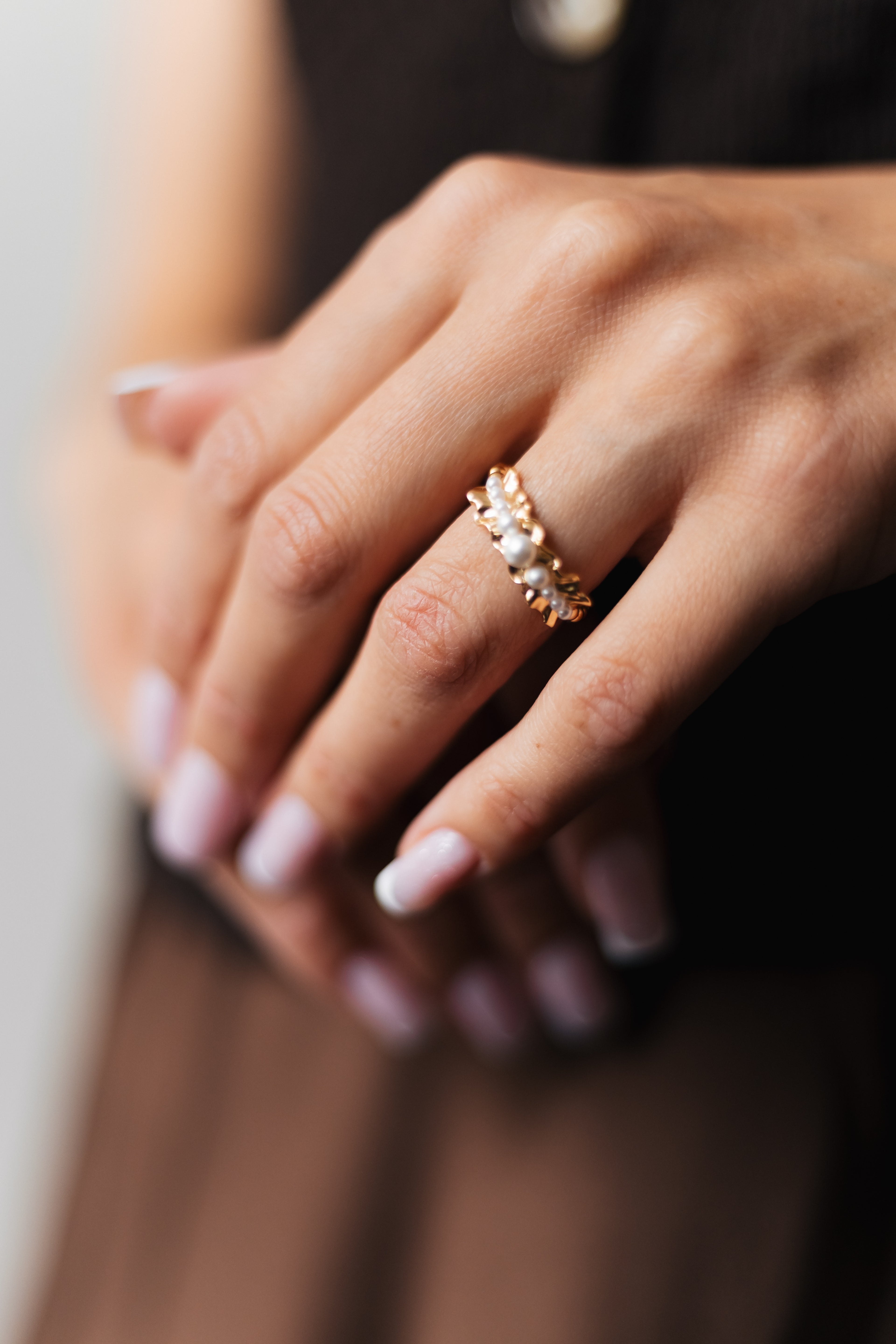 Gold Plated Adjustable Ring with Synthetic Pearls – Sizes 9