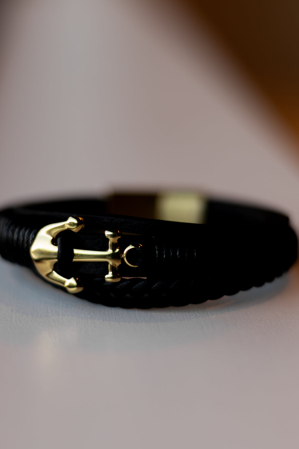 Men’s Leather Bracelet with Gold-Tone Stainless Steel Details