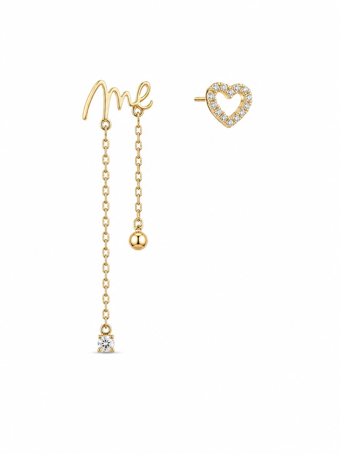 Gold Plated Asymmetrical Heart & Chain Earrings – CZ Dangle Earrings for Women
