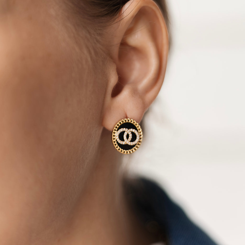 Gold Plated Black Enamel Stud Earrings | Oval Statement Studs