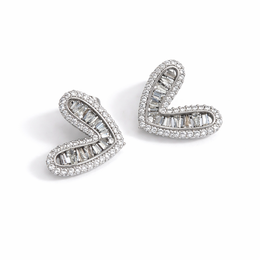 Silver Crystal Heart Stud Earrings 2cm