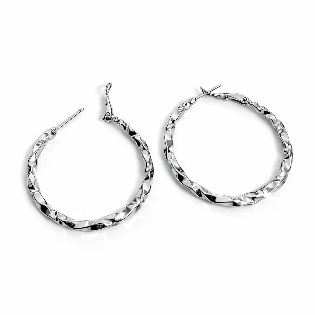 Twisted Hoop Earrings Rhodium Plated Brass 4 cm / 1.57 in