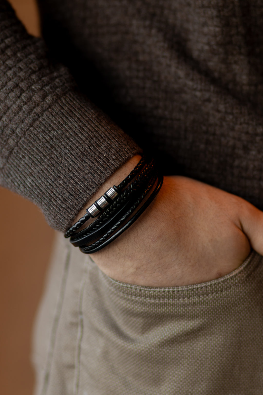 Men’s Leather Bracelet with Gold or Silver Stainless Steel Details