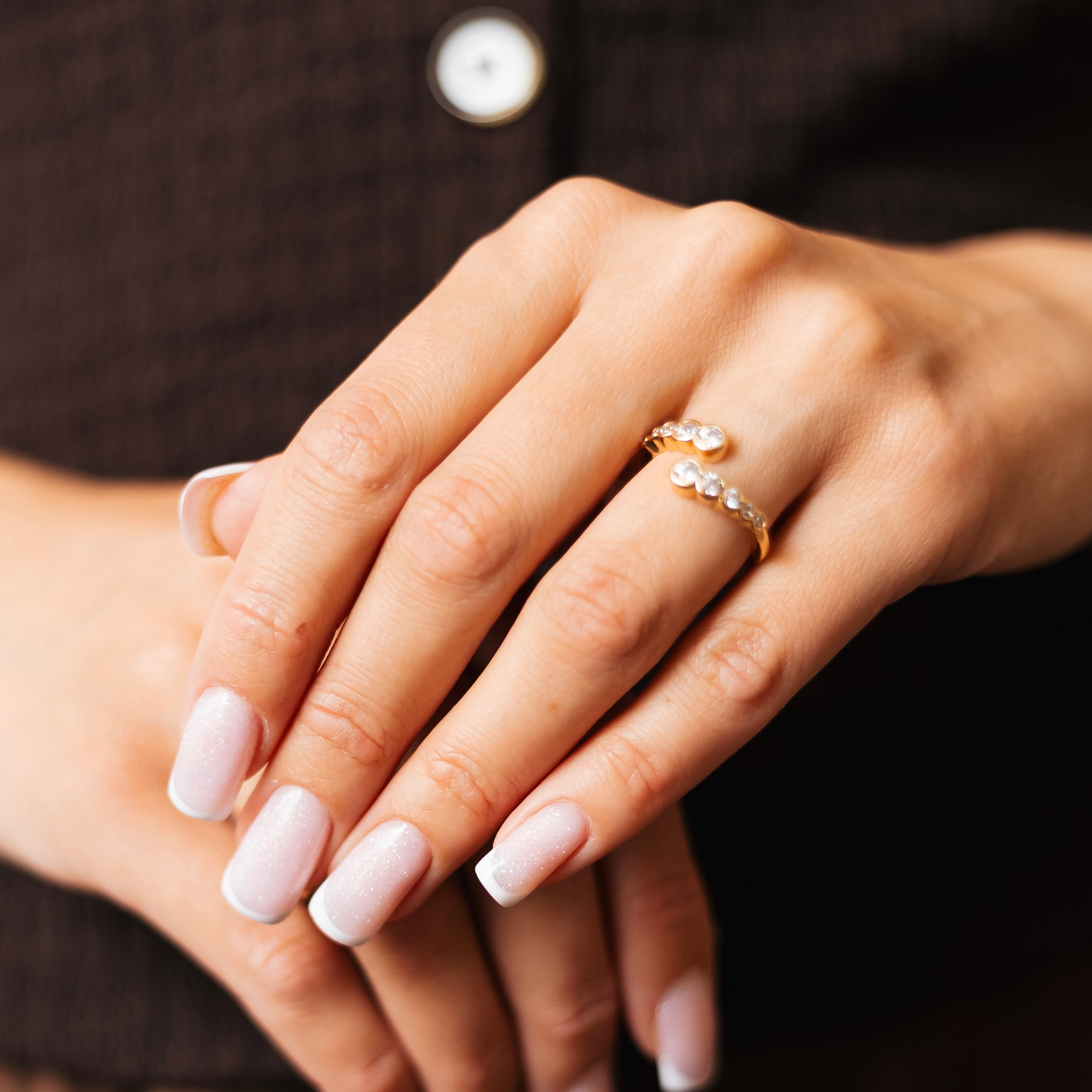 Gold Plated Open Ring with Cubic Zirconia – Adjustable Band