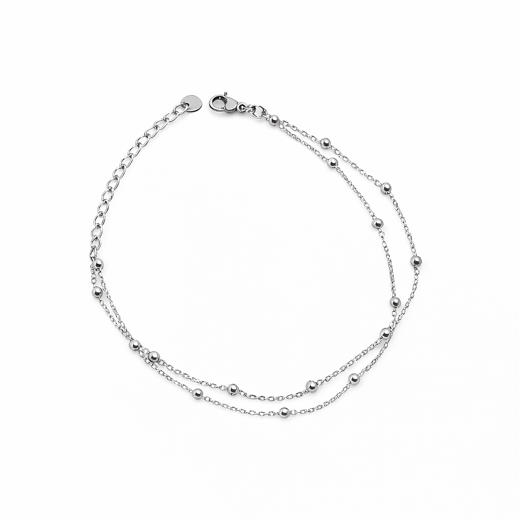 Double Chain Beaded Anklet – Stainless Steel, Adjustable 21+5 cm