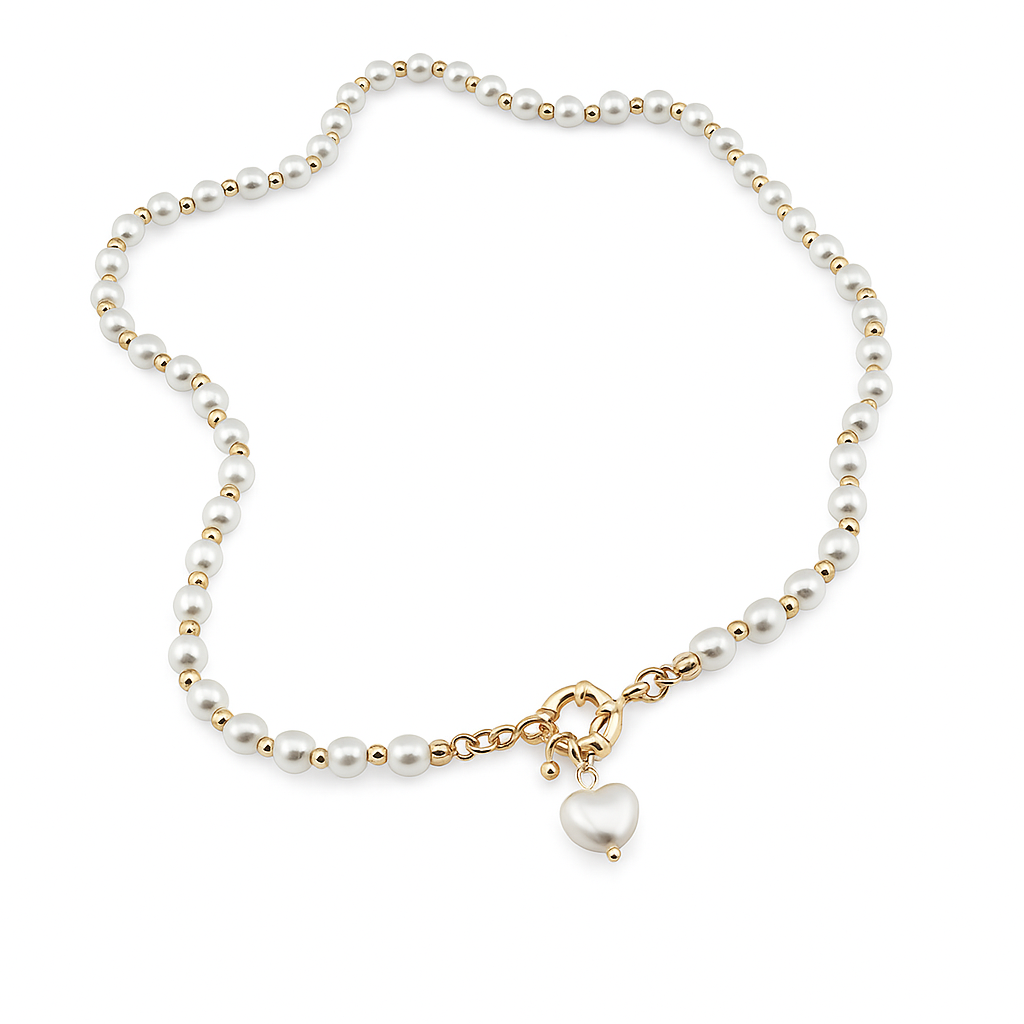 Pearl Necklace with Heart Pendant – Gold or Silver Plated