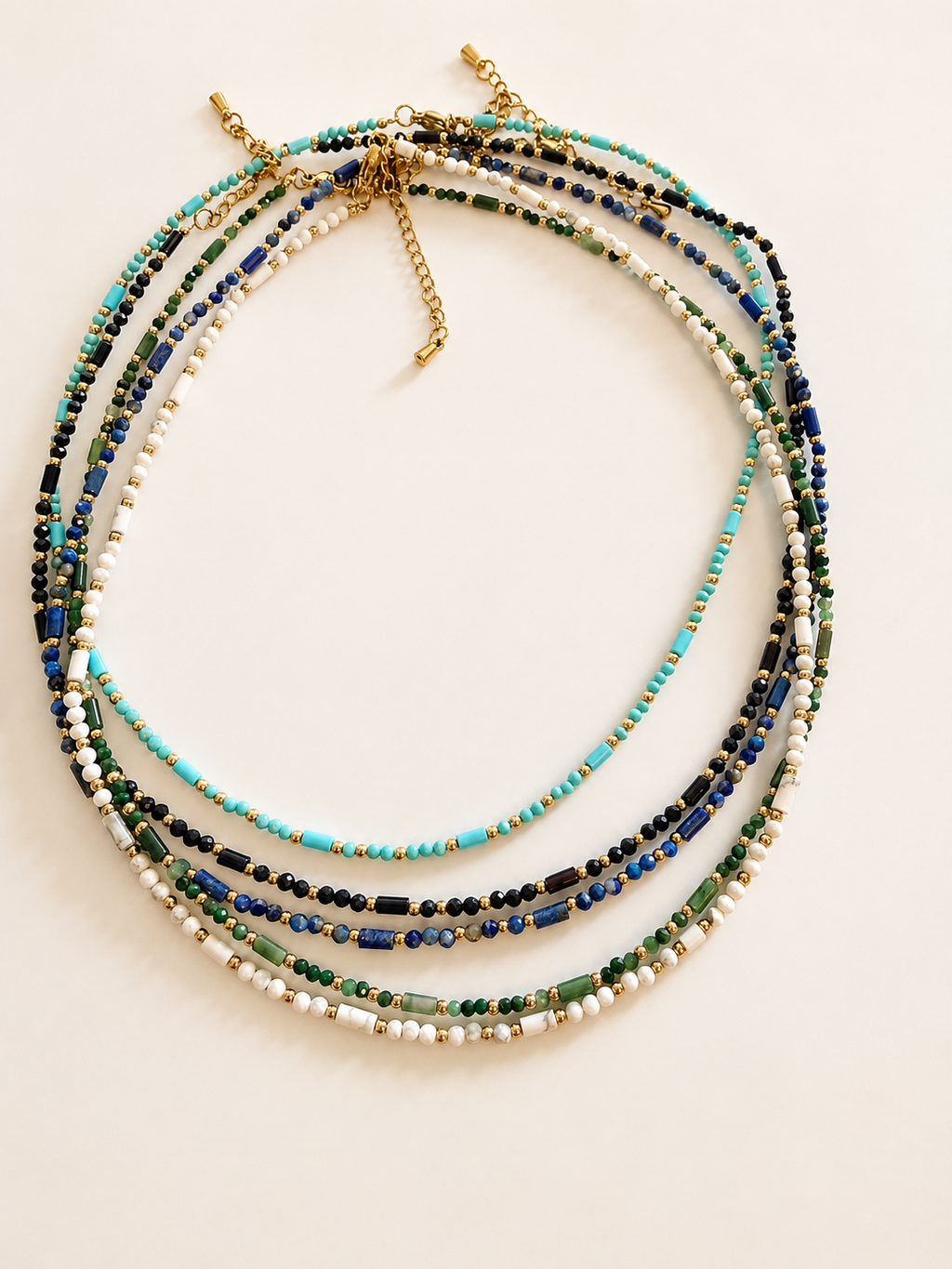Natural Gemstone Beaded Necklace for Women – Spinel, Amazonite, Malachite, Apatite & Agate, Gold Plated Stainless Steel, 38+5 cm