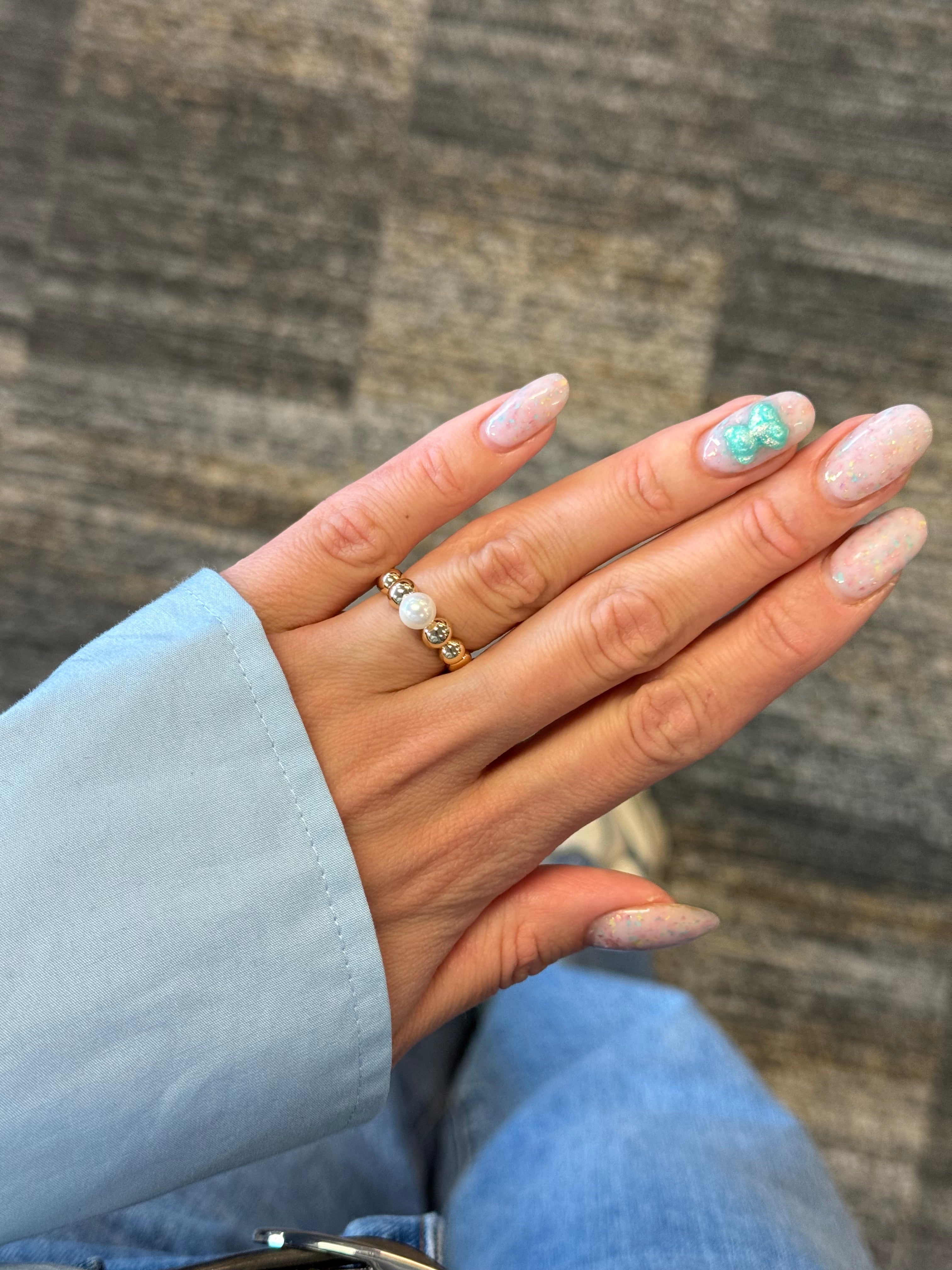 Gold Plated Beaded Ring with Imitation Pearl – Adjustable Size 6/7