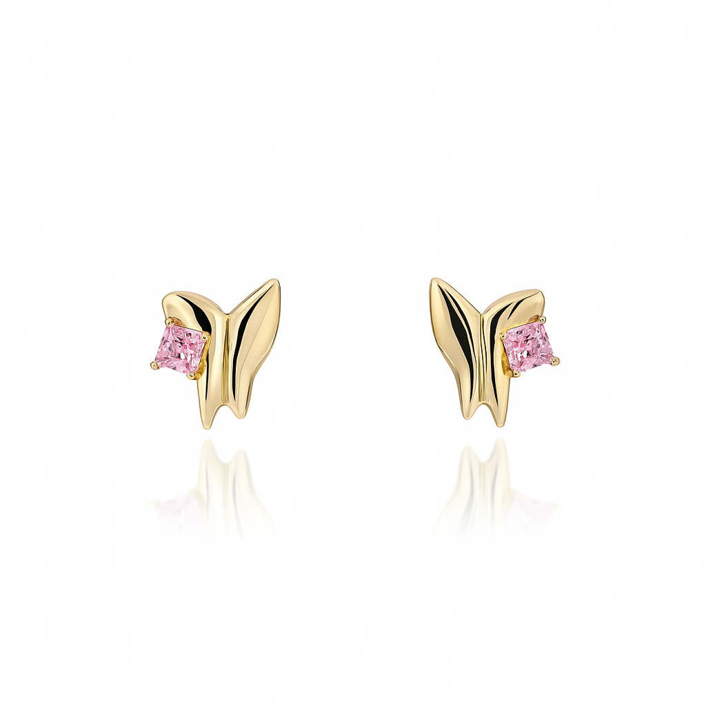 Sedy Jewelry Gold Plated Butterfly Stud Earrings with Pink CZ Stone – 1.5cm