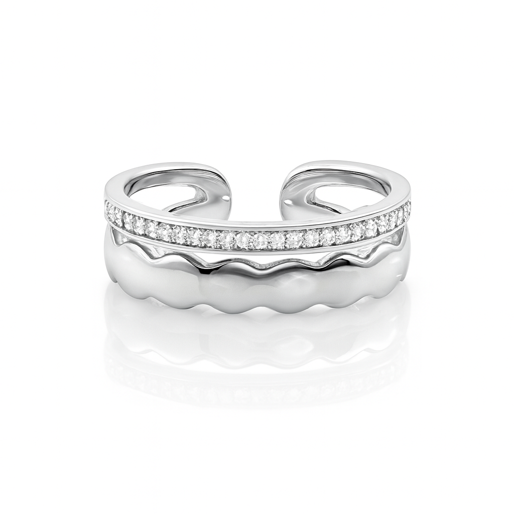 Adjustable Rhodium Plated Wave Ring with Cubic Zirconia, 6mm