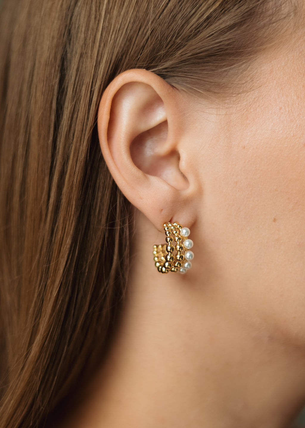 Gold Plated Beaded Hoop Earrings with Synthetic Pearls, 2 cm