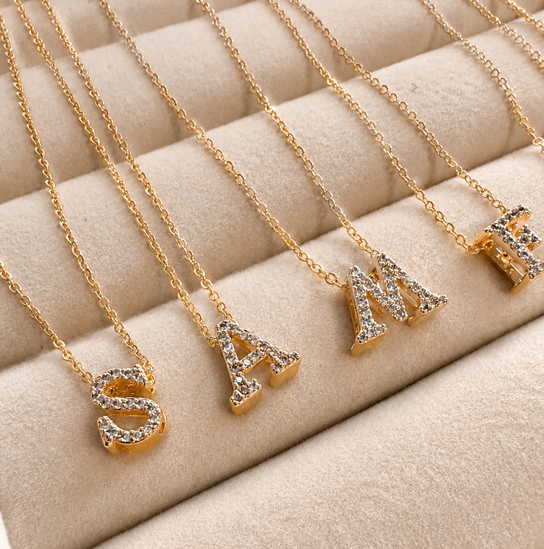 Personalized Initial Letter Necklace in 925 Sterling Silver | Gold Plated CZ Alphabet Pendant | 40+5 cm