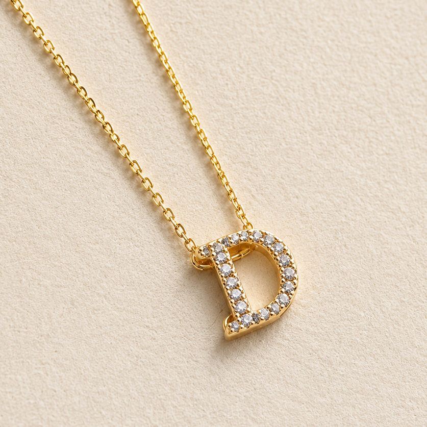 Personalized Initial Letter Necklace in 925 Sterling Silver | Gold Plated CZ Alphabet Pendant | 40+5 cm