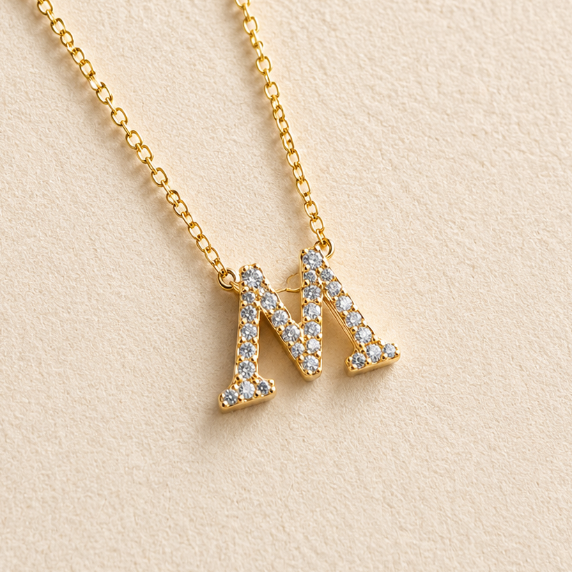Personalized Initial Letter Necklace in 925 Sterling Silver | Gold Plated CZ Alphabet Pendant | 40+5 cm