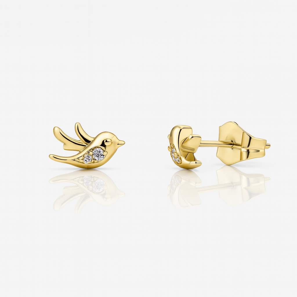 Bird Stud Earrings with Cubic Zirconia – Gold Plated Copper