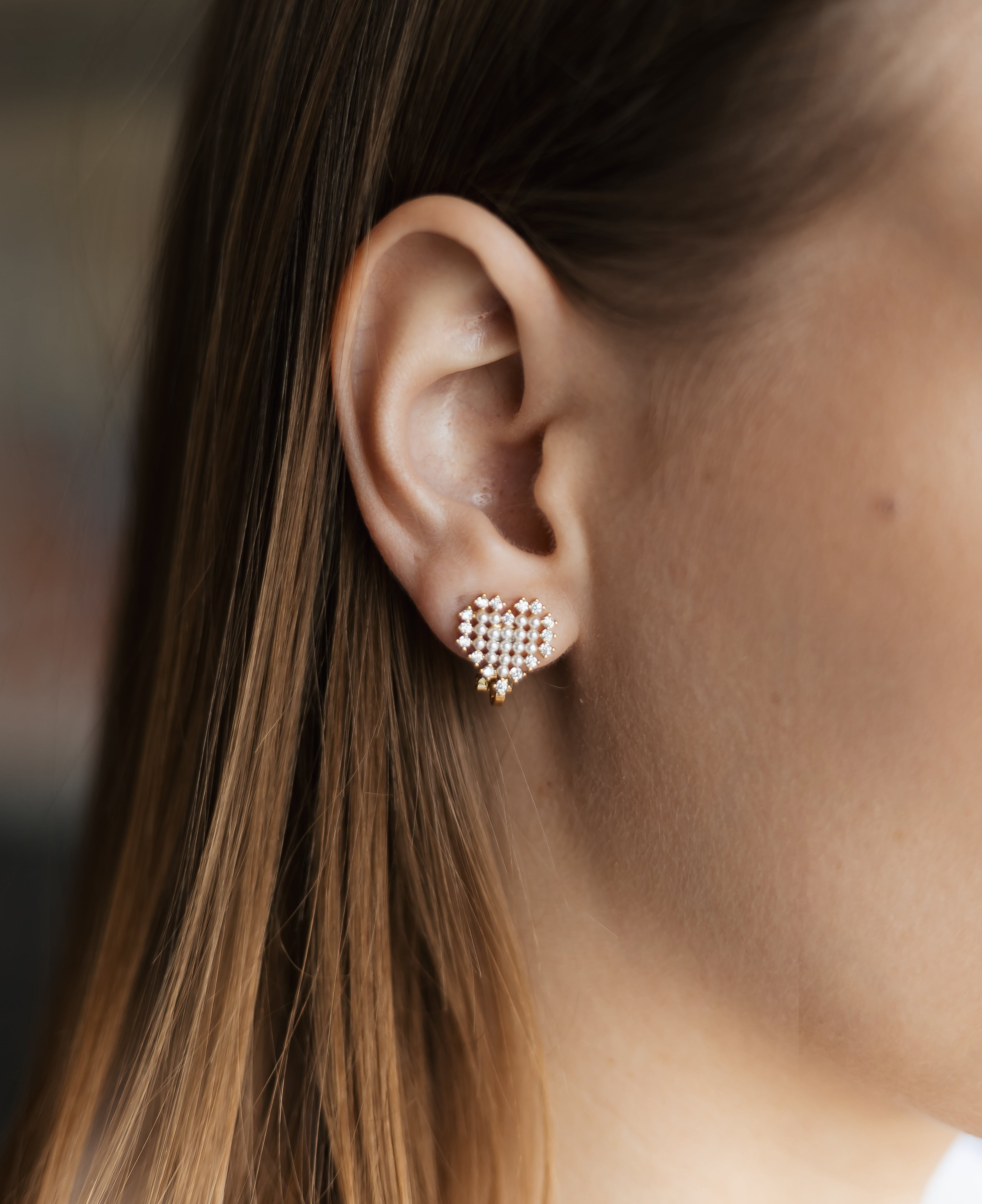 Gold Plated Heart Clip-On Earrings with CZ & Faux Pearls