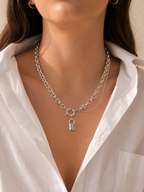 White Gold Plated Lock Pendant Chain Necklace – Hypoallergenic Chunky Link Necklace 45 cm / 17.7”