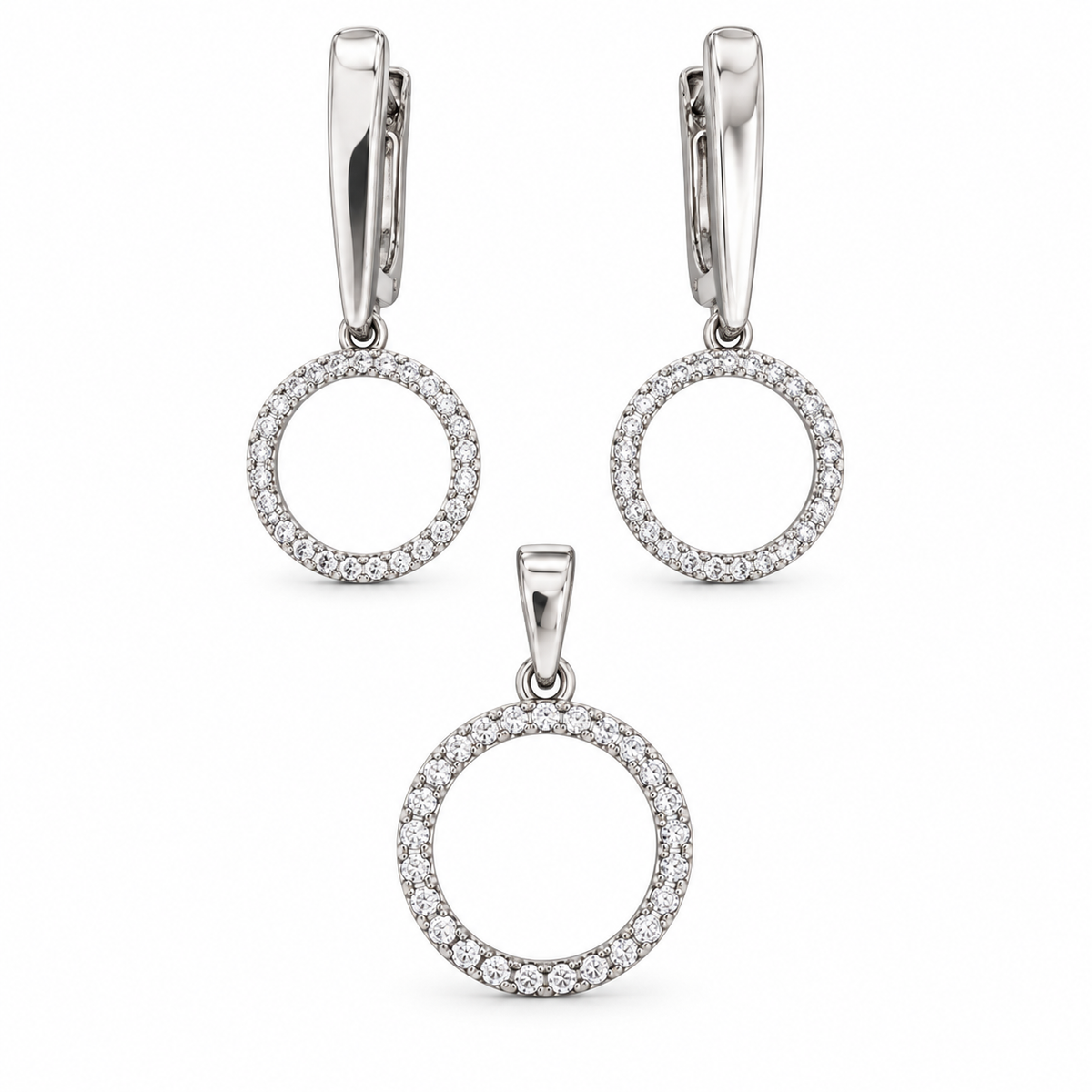White & Gold Plated Circle CZ Jewelry Set – Leverback Earrings & Pendant