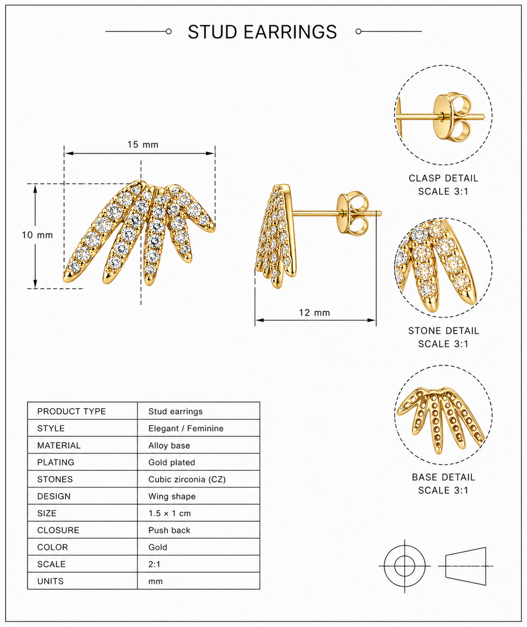 CZ Wing Stud Earrings – Gold Plated, 1.5×1 cm