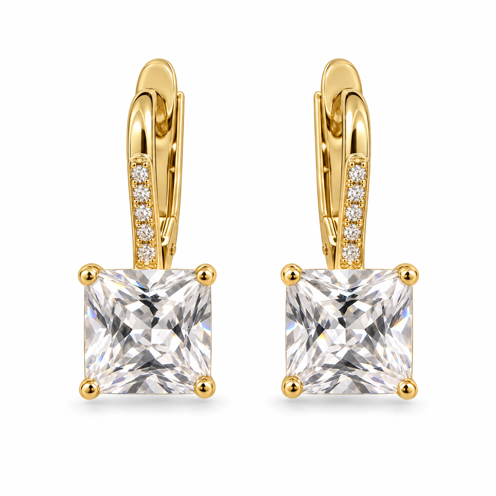 Square CZ Leverback Earrings with Sparkling Accents – Gold Plated Brass