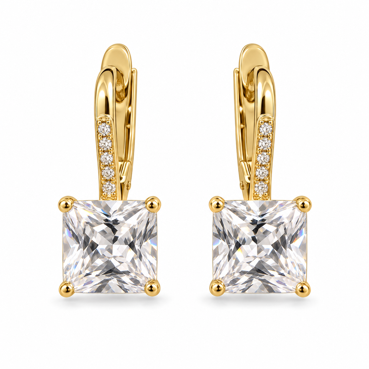 Square CZ Leverback Earrings with Sparkling Accents – Gold Plated Brass