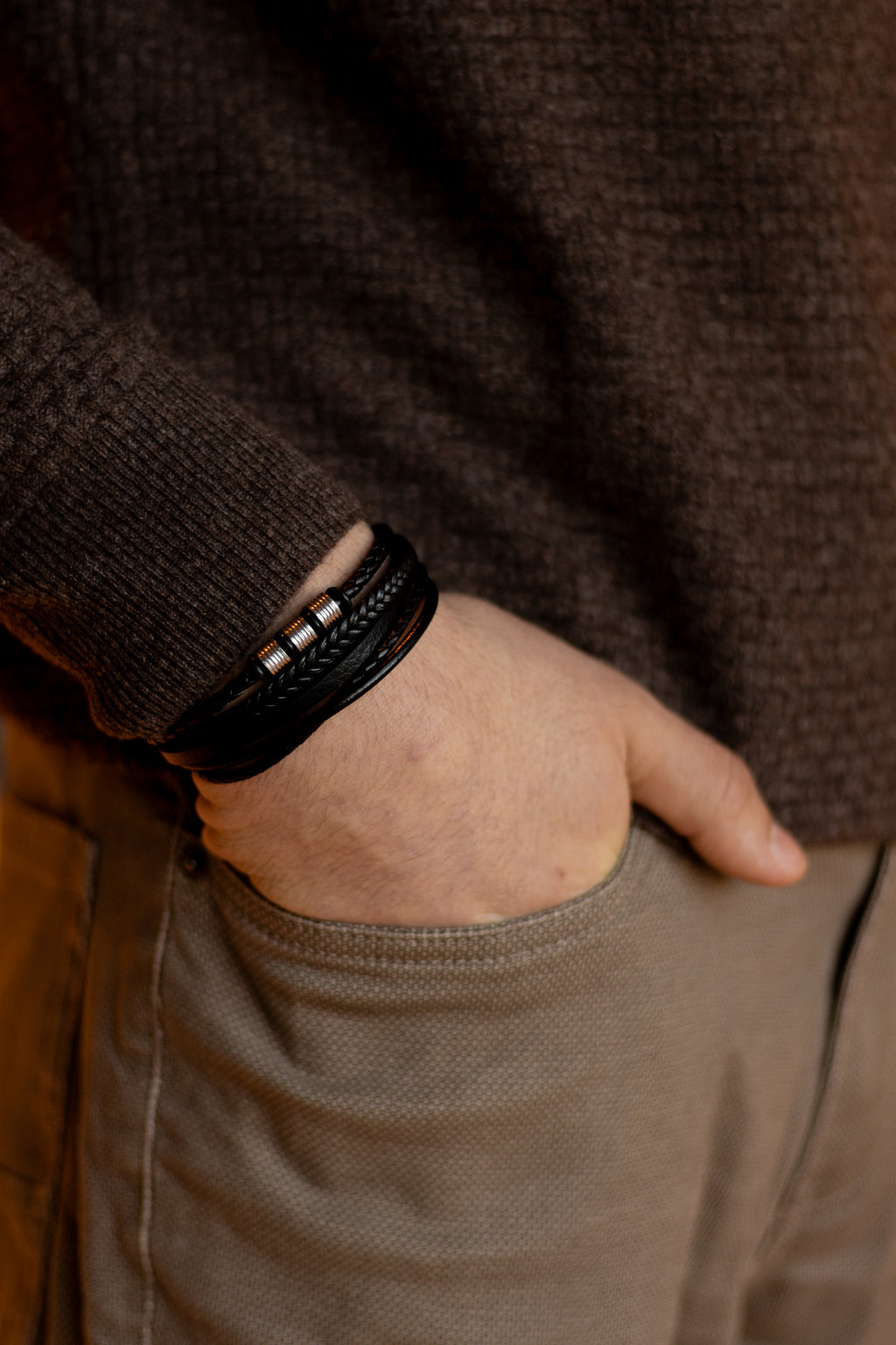 Men’s Leather Bracelet with Gold or Silver Stainless Steel Details