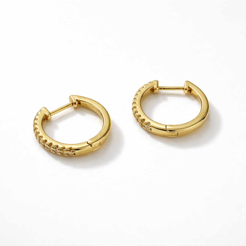 Gold Plated Huggie Hoop Earrings with CZ Stones – 17 mm