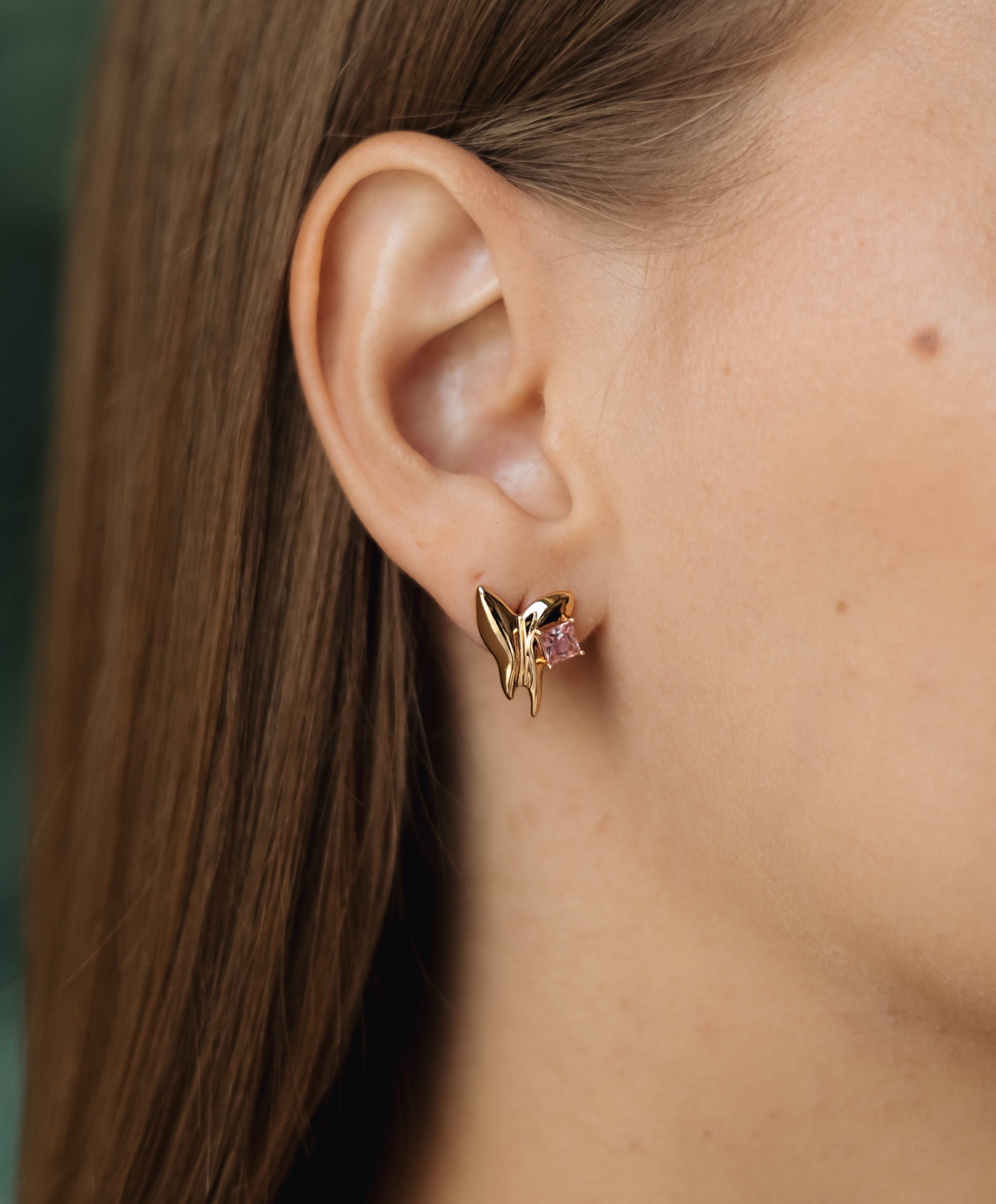 Sedy Jewelry Gold Plated Butterfly Stud Earrings with Pink CZ Stone – 1.5cm