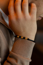 Men’s Black Leather Bracelet with Gold-Tone Stainless Steel Accents and Black Beads, 21 cm