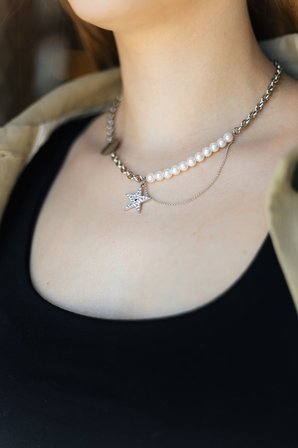 Layered Pearl Necklace with Star Pendant – Rhodium Plated 45+5 cm