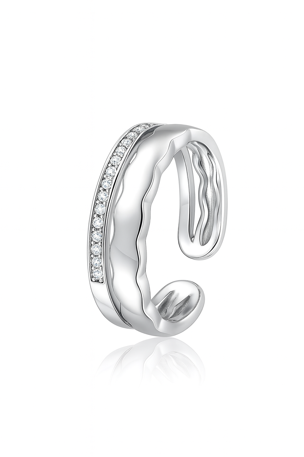 Adjustable Rhodium Plated Wave Ring with Cubic Zirconia, 6mm