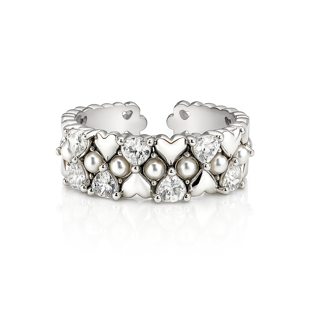 Wide Band Ring with CZ Stones, Size 7 | Rhodium Plated