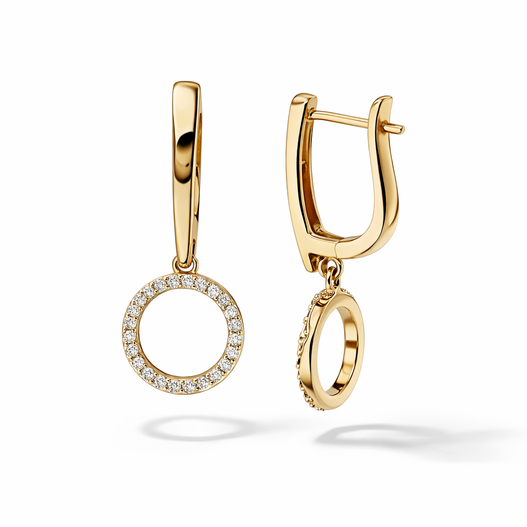 Gold Plated or Rhodium Plated CZ Circle Drop Hoop Earrings 3 cm Lever Back