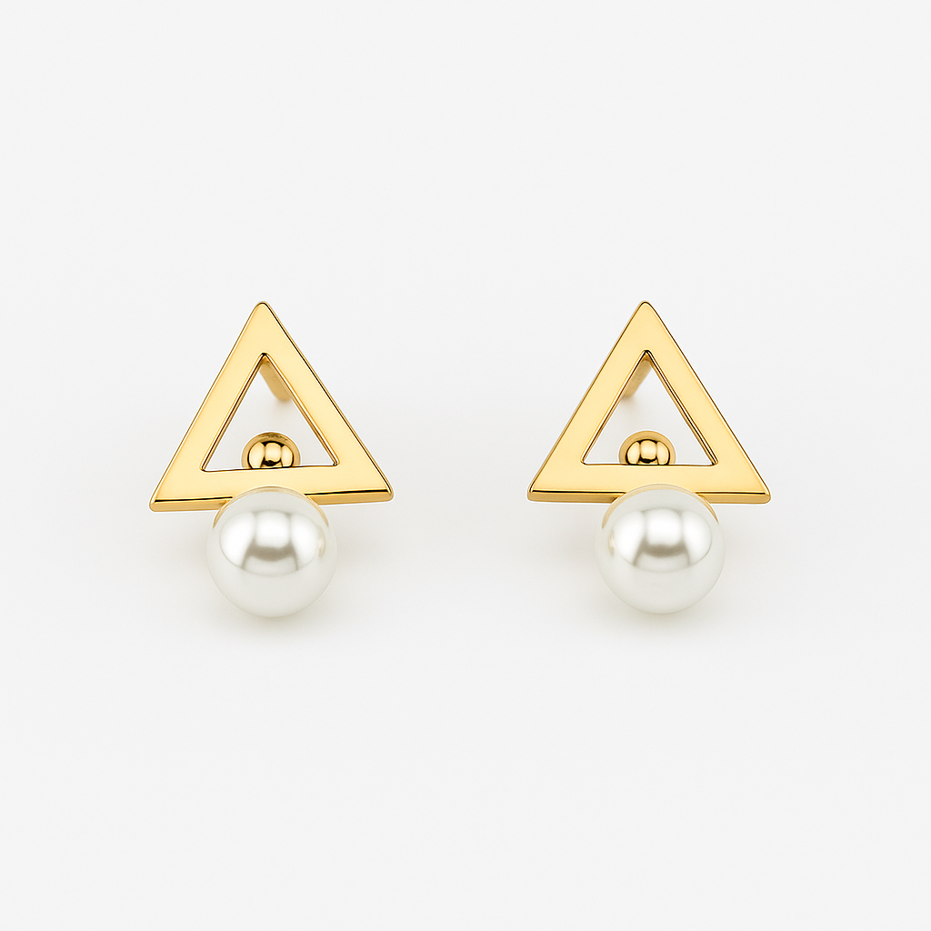 Rose Gold Plated Geometric Stud Earrings with Pearl, 3 cm