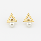 Rose Gold Plated Geometric Stud Earrings with Pearl, 3 cm